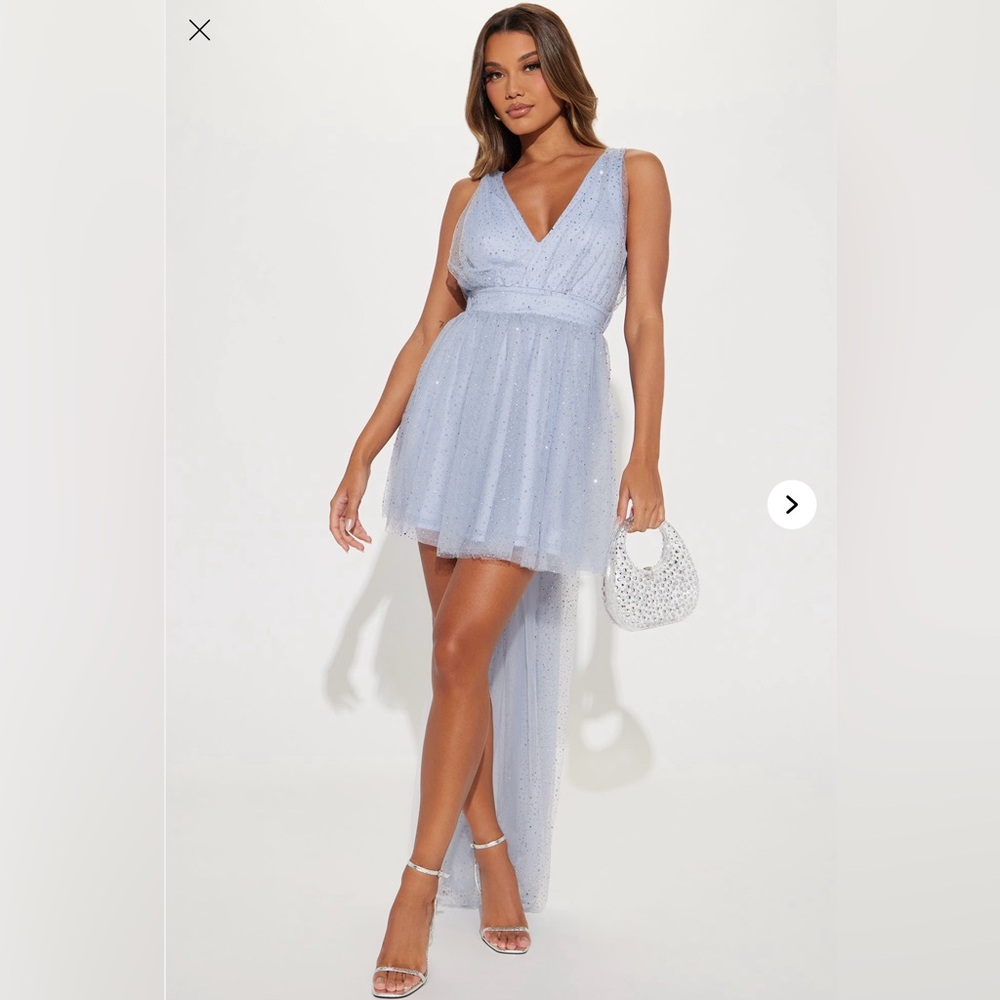 Rhinestone Dusty Blue Mesh Mini Dress
